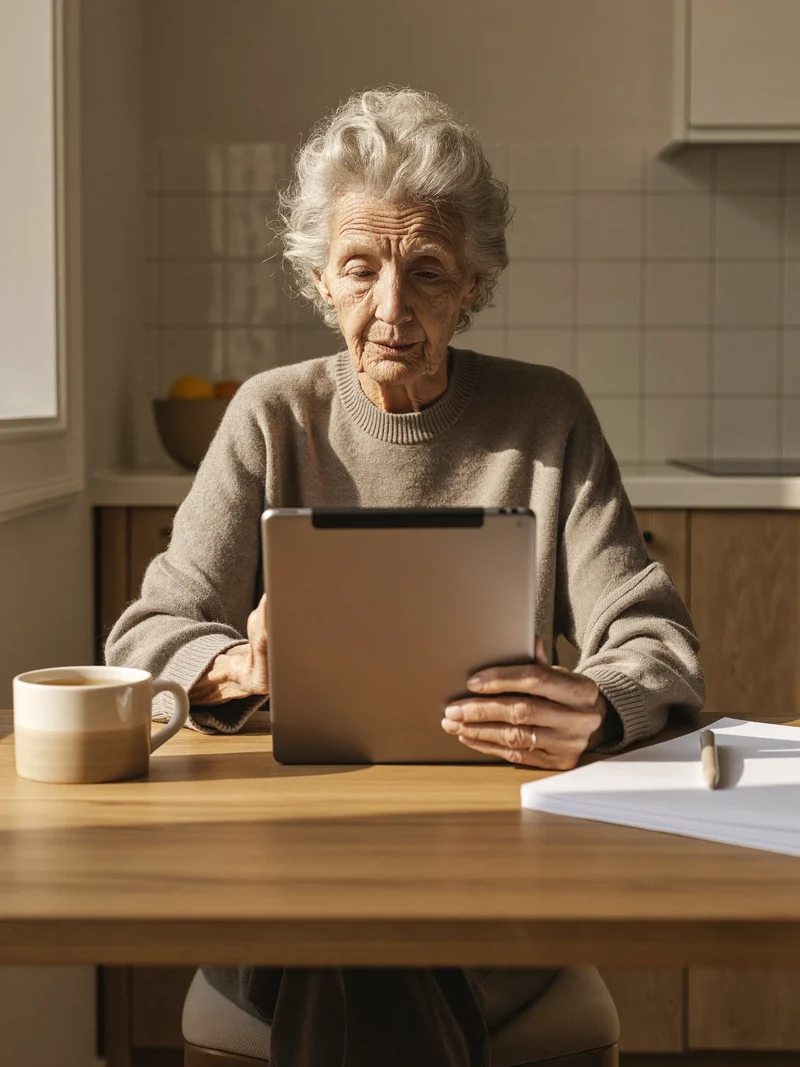 Una donna anziana al tavolo della cucina con tablet, tè e taccuino vuoto
